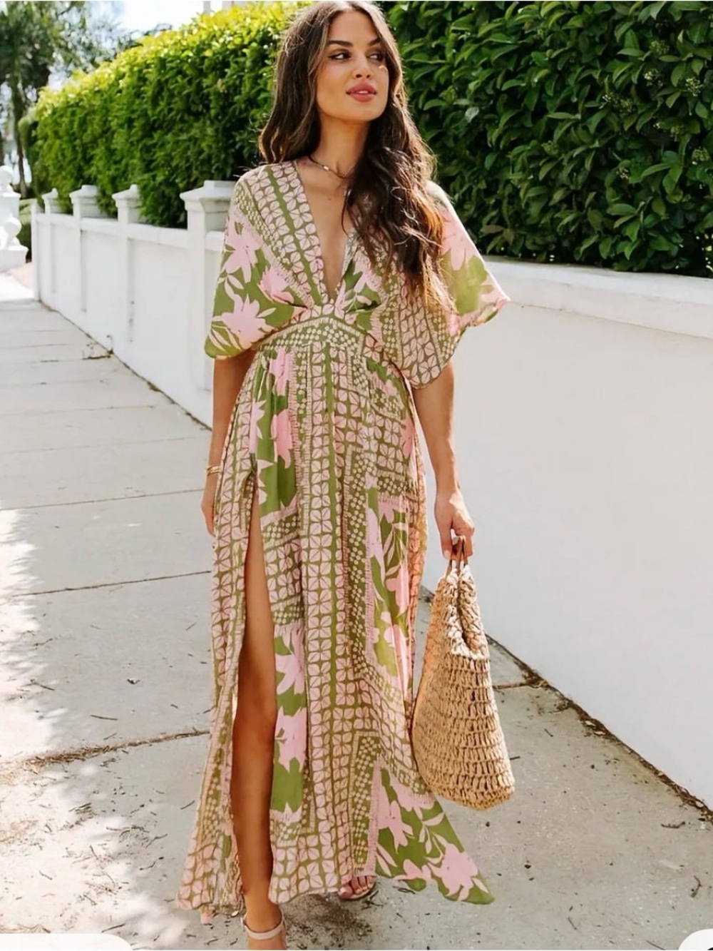 Bohemian Floral V-Neck Maxi Dress in Pink & Olive